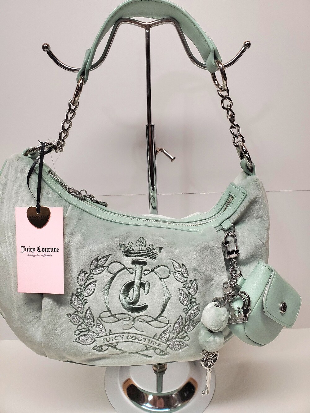 JUICY COUTURE Velvet Feel Shoulder Bag NWT"Sparkle Royal" Hobo/Coin Purse/Charms